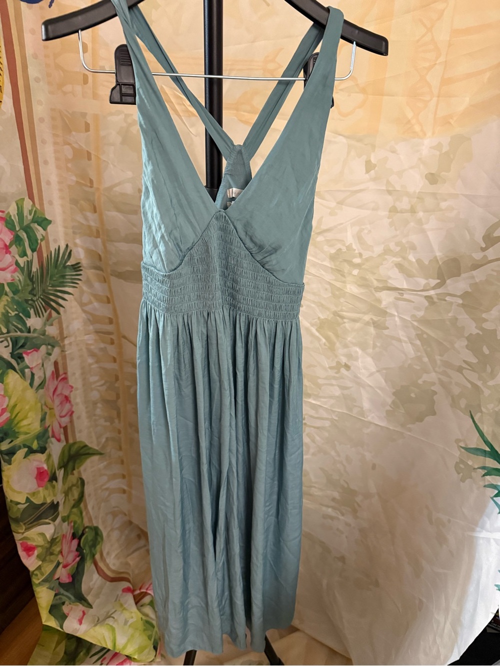Urban Outfitters Teal Sage Cross-Back Smocked Maxi Dress